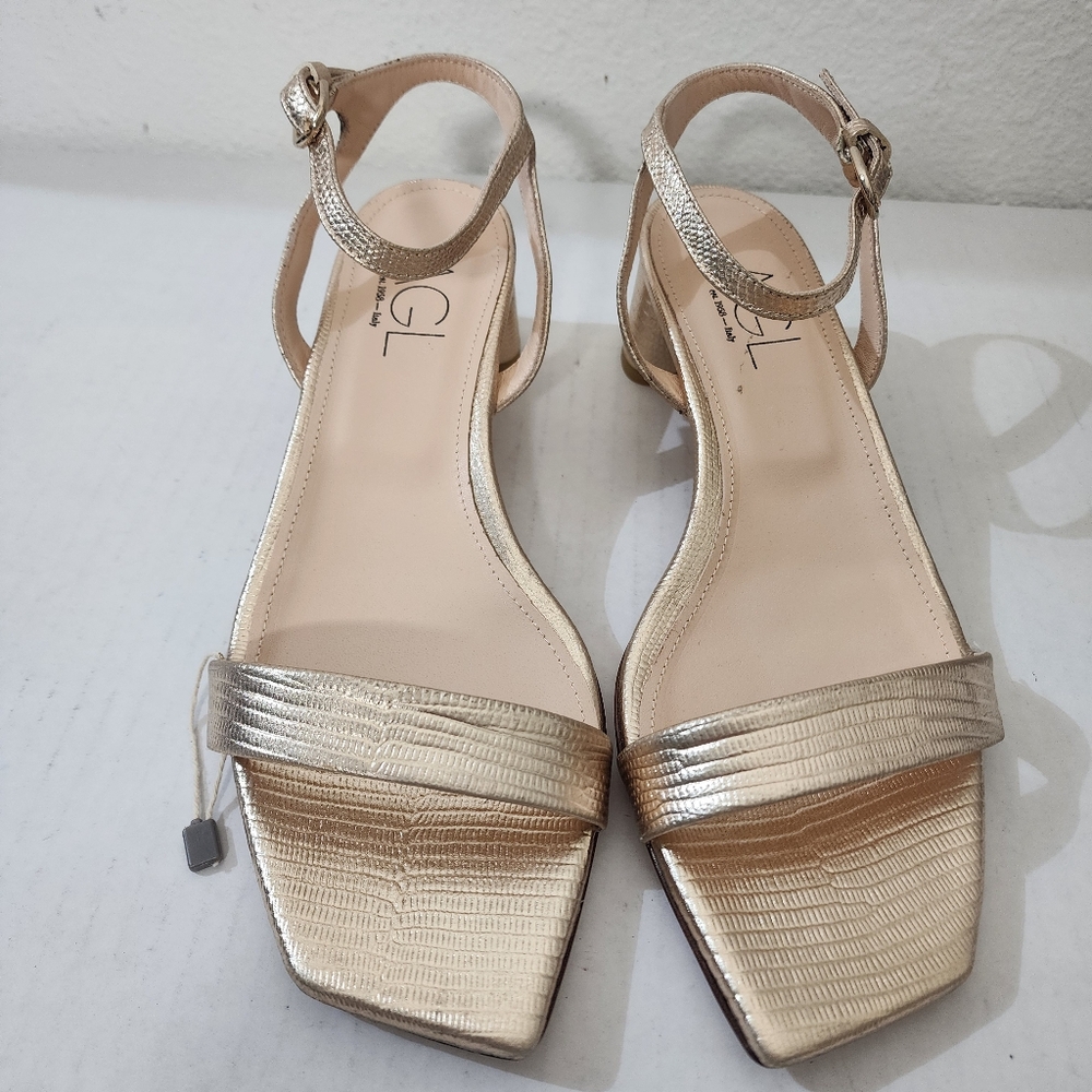AGL Gold Metallic Block Heel Sandals Ankle Strap Designer Italy Size 10 - Picture 2 of 12